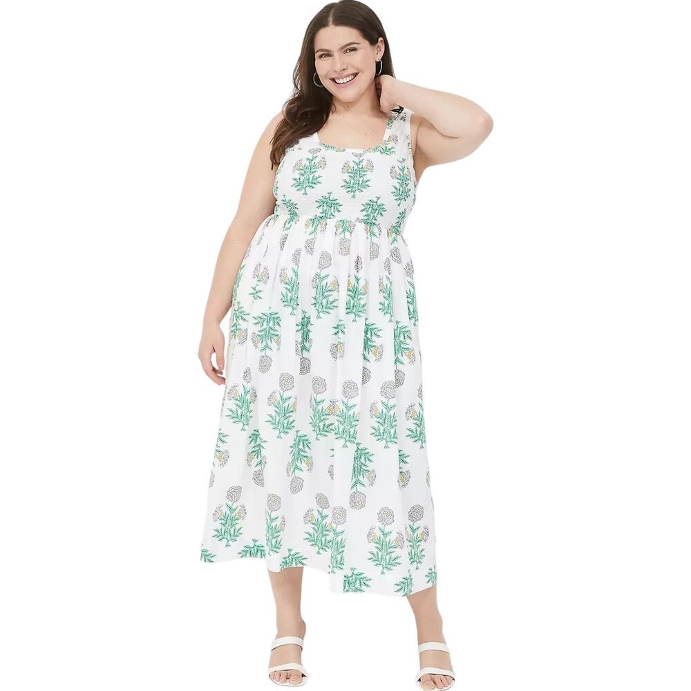 NWT Lane Bryant Smocked Midi Dress Size 18/20 Green Floral Cotton Pockets